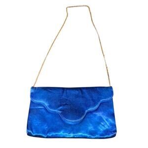 VTG Blue Satin Clutch‎ Shoulder Purse With Gold Colored Strap Night Out Retro